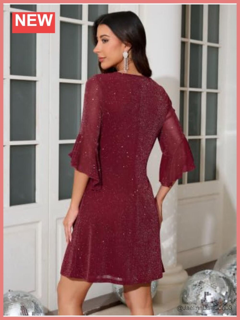 Womens Sparkly Sequin Cocktail Dress 3/4 Bell Sleeve A Line Wedding Guest - Picture 3 of 5